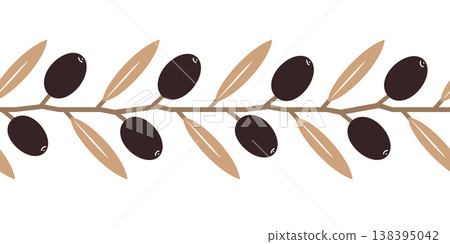 Hand drawn olive branch seamless border, olive twig silhouette isolated on a white background. Vector illustration. 138395042
