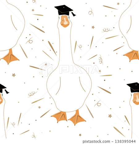 Cute graduate goose seamless pattern. Graduation funny background. Vector illustration Cute graduate goose seamless pattern. Graduation funny background. Vector illustration 138395044