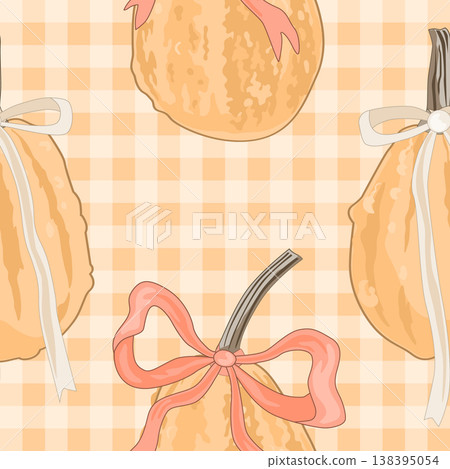 Vector seamless pattern with cute hand-drawn pumpkins in soft autumn colors on gingham background. Farm, harvest, and Thanksgiving holiday design. 138395054