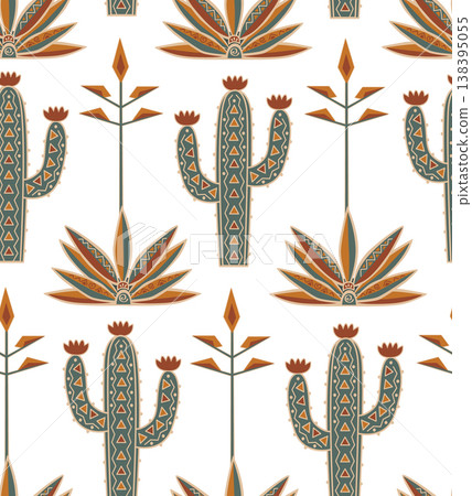 Doodle patterned cactus and blue agaves seamless background. Cacti with ornament vector illustration 138395055