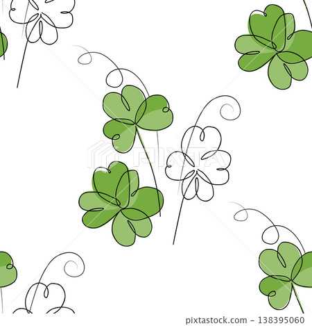 Seamless continuous clover pattern. Hand drawn vector illustration. Perfect for St. Patrick Day. 138395060