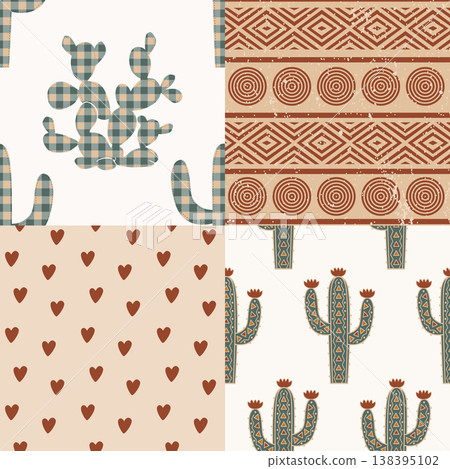 Seamless patchwork gingham pattern with kawaii cacti, hearts, and tribal ornament. Vector illustration 138395102