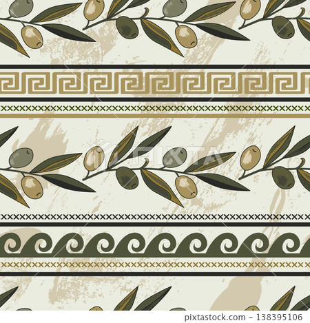 Seamless pattern with olives, meander, and other classical Greek symbols. Rich ancient stylized ornament. Vector illustration. 138395106