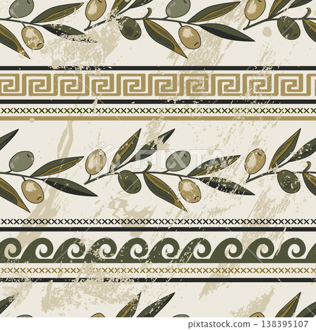 Seamless pattern with olives, meander, and other classical Greek symbols. Rich ancient stylized ornament. Vector illustration 138395107