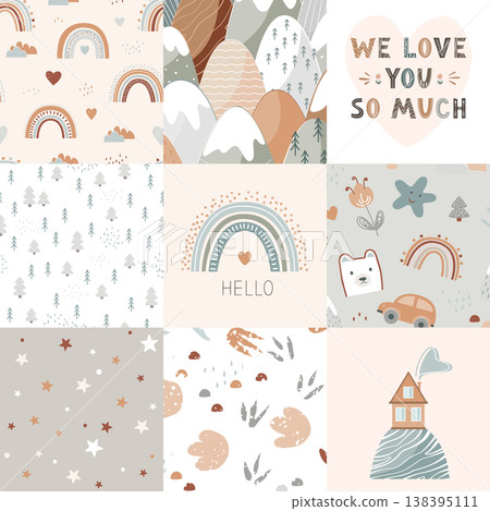 Seamless patchwork pattern with kawaii baby pastel drawing. Cute and cozy nursery background. Vector illustration. 138395111