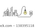 Minimal city skyline line art connected to a glowing light bulb and plug symbolizing urban energy electricity flow and modern infrastructure concept with clean simple design on light background 138395118