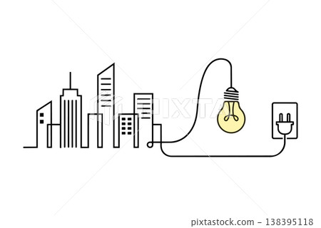 Minimal city skyline line art connected to a glowing light bulb and plug symbolizing urban energy electricity flow and modern infrastructure concept with clean simple design on light background Minimal city skyline line art connected to a glowing light bulb and plug symbolizing urban energy electricity flow and modern infrastructure concept with clean simple design on light background 138395118