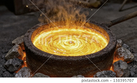 Melting metal in a foundry creates bright orange swirl in a large bowl Melting metal in a foundry creates bright orange swirl in a large bowl 138395707