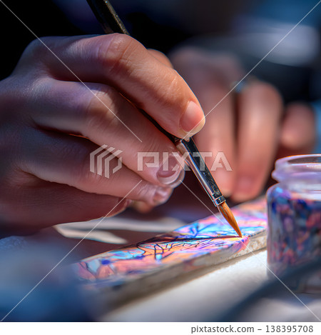 Nail design work performed under colorful lighting 138395708