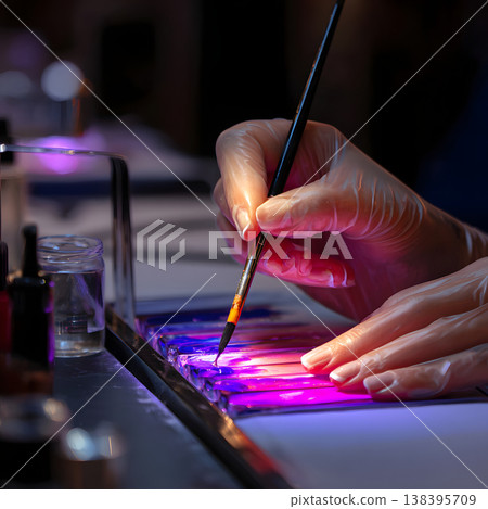 Nail design work performed under colorful lighting Nail design work performed under colorful lighting 138395709