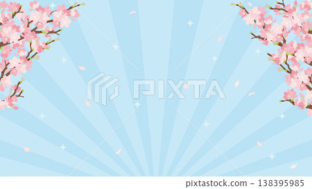 Vector illustration for a 16:9 background featuring a blue sky with radiating rays of light and cherry blossoms in full bloom fluttering down. Vector illustration for a 16:9 background featuring a blue sky with radiating rays of light and cherry blossoms in full bloom fluttering down. 138395985