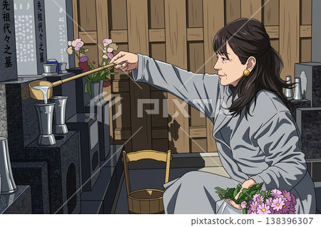 一位女士正準備在墳墓上放鮮花。 138396307