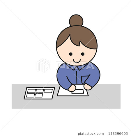 一位可愛的女士正在貼貼紙 | 圓潤的人物風格插圖 138396603
