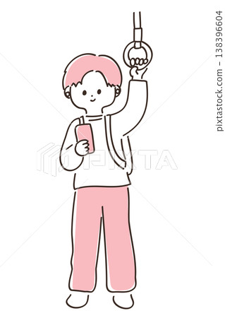 A young man is holding onto a strap on the train and looking at his smartphone. A young man is holding onto a strap on the train and looking at his smartphone. 138396604