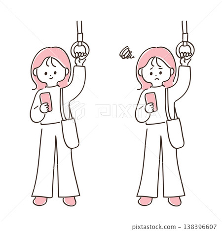 Young woman looking at her smartphone on the train | Set of smiling and displeased expressions 138396607