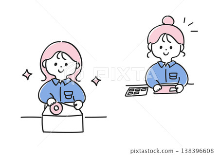 A set of cute and relaxed illustrations of women applying stickers and labels or packaging. A set of cute and relaxed illustrations of women applying stickers and labels or packaging. 138396608