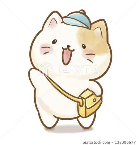 A bright and gentle white cat raising its hand, entering/going to kindergarten. Transparent background, white background. Greetings, crosswalk, new life in spring, kindergarten entrance ceremony. 138396677