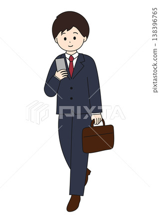 一位身穿西裝的男士邊走邊使用智慧型手機 | 簡潔的極簡主義插畫 138396765
