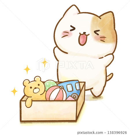 一隻活潑溫柔的白色小貓，就像個學齡前兒童，因為收拾完畢而感到無比開心。這幅可愛的水彩畫，背景透明，描繪了完成收拾工作的成就感和喜悅。 138396926