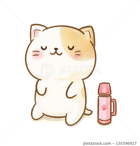 一隻明亮溫馴的白色小貓咪在水瓶旁休息。非常適合用於與預防中暑、補充水分和學校旅行相關的插圖。可愛的水彩素材,透明背景。 一隻明亮溫馴的白色小貓咪在水瓶旁休息。非常適合用於與預防中暑、補充水分和學校旅行相關的插圖。可愛的水彩素材,透明背景。 138396927