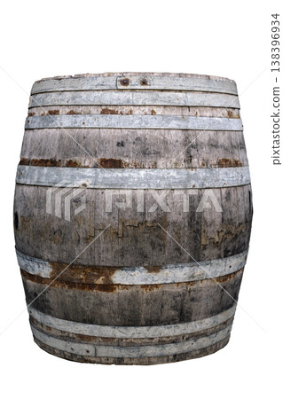 Old traditional oak barrel for wine aging isolated on a white background. Isolated object photography of an aged wooden cask used for whiskey, bourbon, or beer storage in a cellar. 138396934