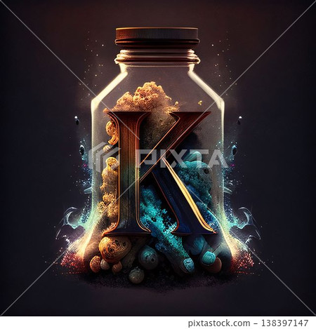 Letter K in a bottle with fire and smoke on dark background. 138397147