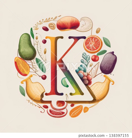 K letter with fruits and vegetables. Hand drawn vector illustration in vintage style. 138397155