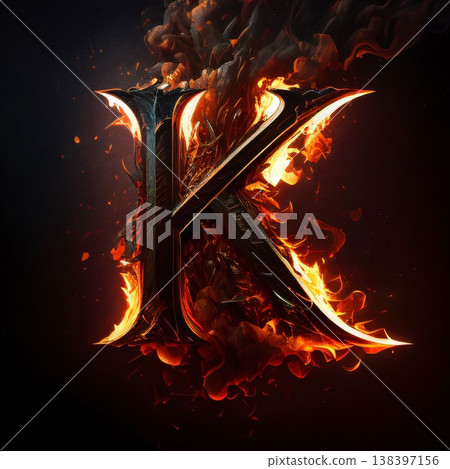 Burning letter K on a black background. 3D illustration. 138397156