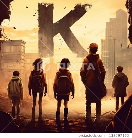 Silhouette of a group of schoolchildren with backpacks standing in front of the letter K Silhouette of a group of schoolchildren with backpacks standing in front of the letter K 138397163