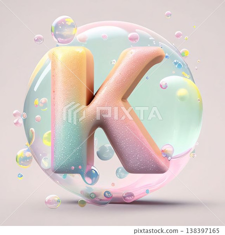3d render of soap bubble letter K. Alphabet in water bubbles. 3d render of soap bubble letter K. Alphabet in water bubbles. 138397165