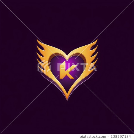 Initial Letter K Logo in Heart Shape with Golden Wings. Vector Illustration. 138397184