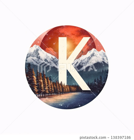 Alphabet letter K in winter landscape, forest, lake and mountains. 138397186