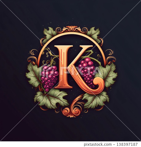 Vintage letter K in the frame of grapes. Vector illustration. 138397187