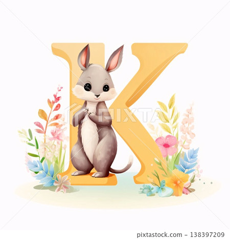 Alphabet letter K with cute little mouse and flowers. Vector illustration. Alphabet letter K with cute little mouse and flowers. Vector illustration. 138397209