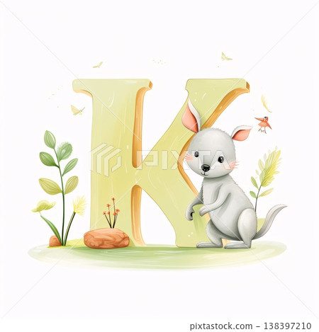 K letter with cute cartoon kangaroo and plants. Vector illustration. K letter with cute cartoon kangaroo and plants. Vector illustration. 138397210
