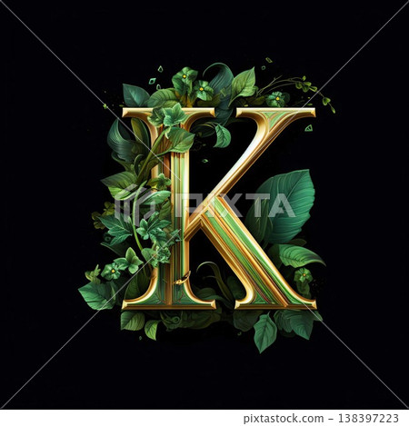 K letter with green leaves, isolated on black background. 3d rendering 138397223