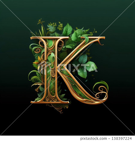 Golden letter K with green leaves on a dark green background. Vector illustration. Golden letter K with green leaves on a dark green background. Vector illustration. 138397224