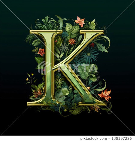 Luxury floral capital letter K with green leaves and flowers. Luxury floral capital letter K with green leaves and flowers. 138397226