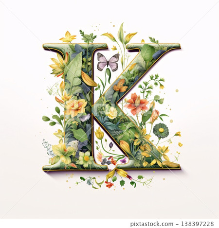 Floral capital letter K, hand drawn in watercolor on white background Floral capital letter K, hand drawn in watercolor on white background 138397228