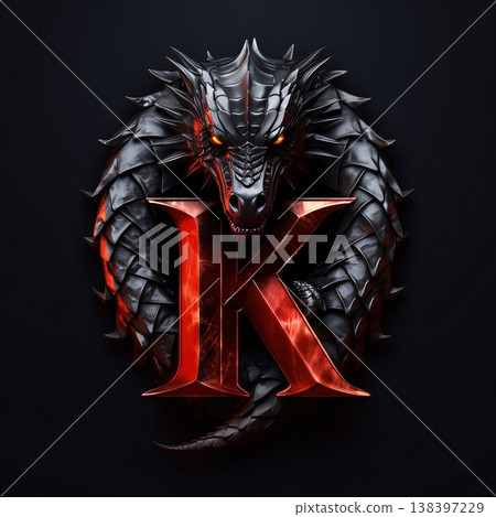 Dragon head with red letter K. 3D rendering on dark background Dragon head with red letter K. 3D rendering on dark background 138397229