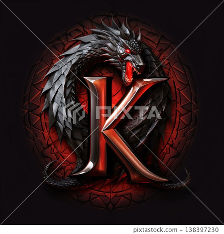 Symbol on a black background with a dragon. 3d rendering letter K Symbol on a black background with a dragon. 3d rendering letter K 138397230