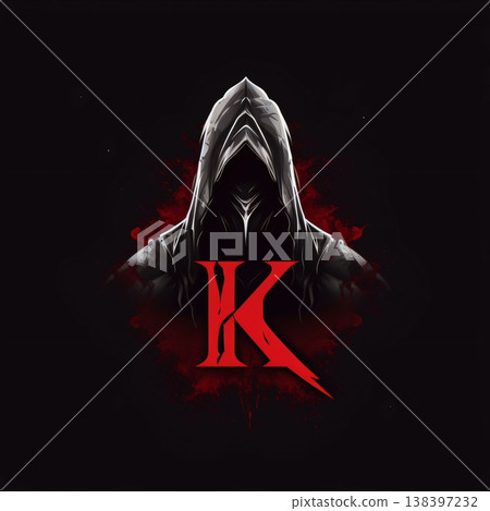 Hooded man in a black cloak with a red letter K on a black background Hooded man in a black cloak with a red letter K on a black background 138397232