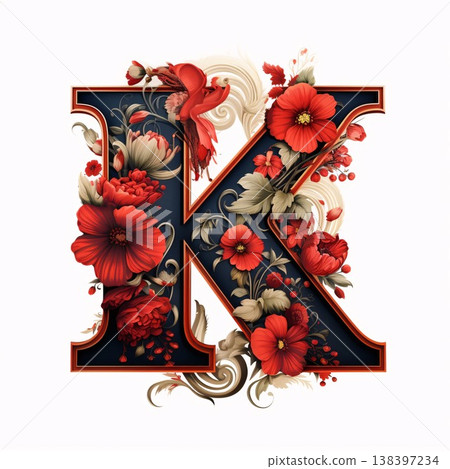 Vintage floral capital letter K with flowers and leaves in retro style Vintage floral capital letter K with flowers and leaves in retro style 138397234