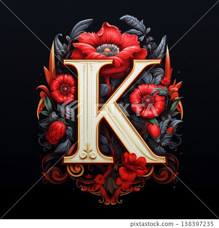 Luxury letter K with red poppies and black floral ornament. Luxury letter K with red poppies and black floral ornament. 138397235