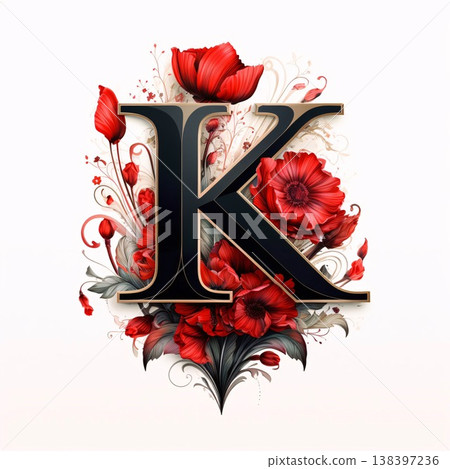 letter K with red poppies and floral elements. 3d illustration letter K with red poppies and floral elements. 3d illustration 138397236