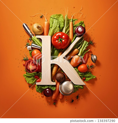 Letter K made of fresh vegetables on orange background. Healthy food concept 138397290