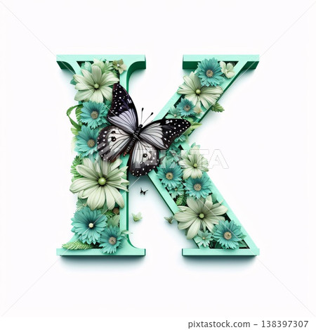 Floral capital letter K with flowers and butterfly isolated on white background Floral capital letter K with flowers and butterfly isolated on white background 138397307