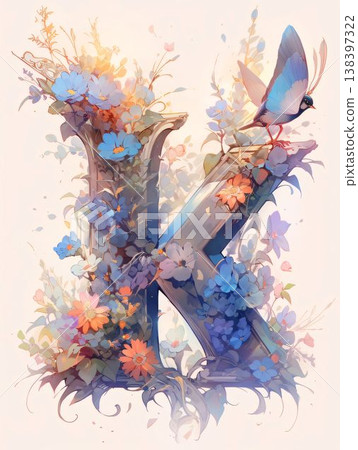 Beautiful floral capital letter K with bird and flowers in pastel colors 138397322