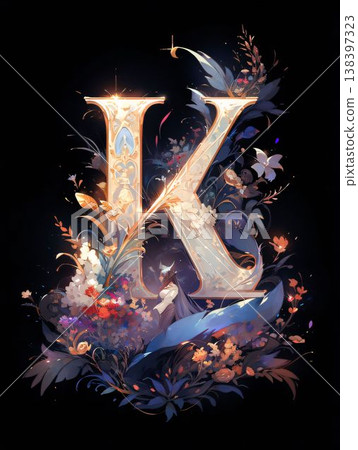 letter K in a beautiful floral style on a dark background, watercolor 138397323