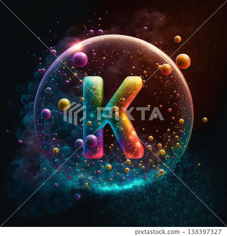 K letter in a bubble with colorful particles and smoke, vector illustration 138397327